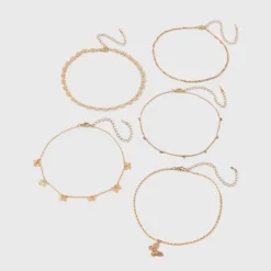 Dainty Chain With Butterfly Charm Choker Necklace Set 5pc - Wild Fable™ Gold: Brass Material, Lobster Claw Clasp, 12" Length