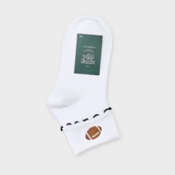 Women's Game Day Embroidered Football Pointelle Bobby Socks With Lettuce Edge Cuff - Wild Fable™