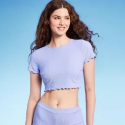 Women's Ruffle Detail Ribbed Short Sleeve Cropped Rashguard - Wild Fable™ Purple -Target GUEST ae778006 d718 4b51 af3b 2a50e3c3e5f4