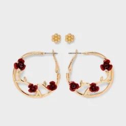 Flower Rose Vine Hoop Earring Set 2pc - Wild Fable™ Gold/Red -Target GUEST eaf122a2 2584 4f5c 8b92 3ba8e9614b10
